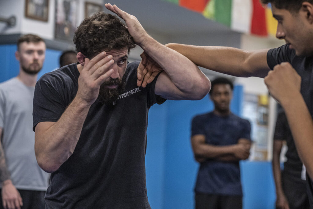 Jeremy Petley demonstrating defensive techniques at London Fight Factory.